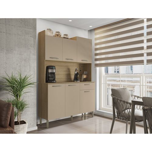 Buffet De Cuisine 6 Portes 1 Tiroir Chêne Et Taupe L 121.5 H 176 P 36.3 Cm