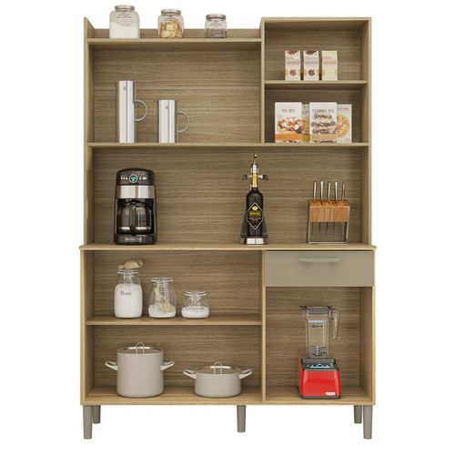 Buffet De Cuisine 6 Portes 1 Tiroir Chêne Et Taupe L 121.5 H 176 P 36.3 Cm