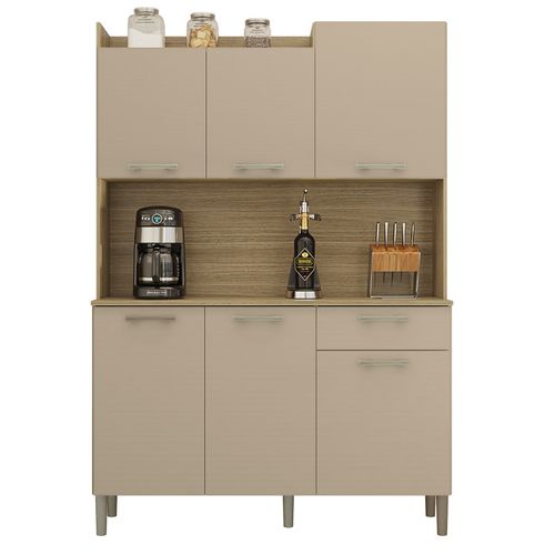 Buffet De Cuisine 6 Portes 1 Tiroir Chêne Et Taupe L 121.5 H 176 P 36.3 Cm