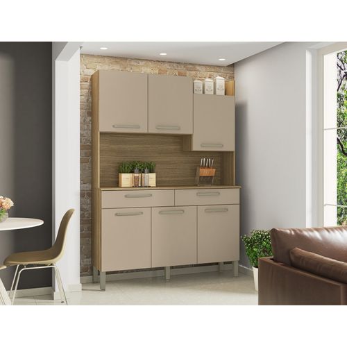 Buffet De Cuisine 6 Portes 2 Tiroirs Chêne Taupe 10 Niches L 132 H 186 P 38.8 Cm