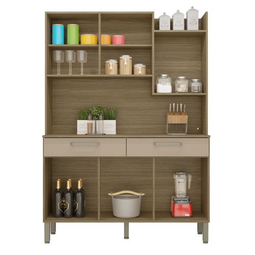 Buffet De Cuisine 6 Portes 2 Tiroirs Chêne Taupe 10 Niches L 132 H 186 P 38.8 Cm