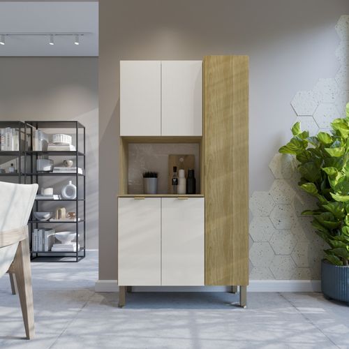 Buffet 5 Portes 9 Niches Chêne Et Blanc Ecru Melissa L 91.5 H 176 P 36.3 Cm