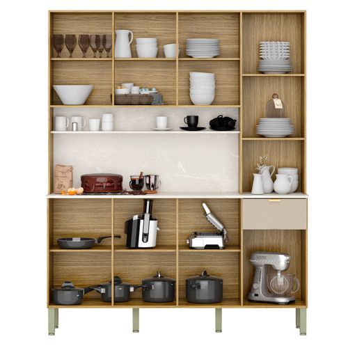 Buffet 8 Portes 1 Tiroir 18 Niches Chêne Et Blanc Ecru Gaufré L 161 H 200 P 38.8 Cm