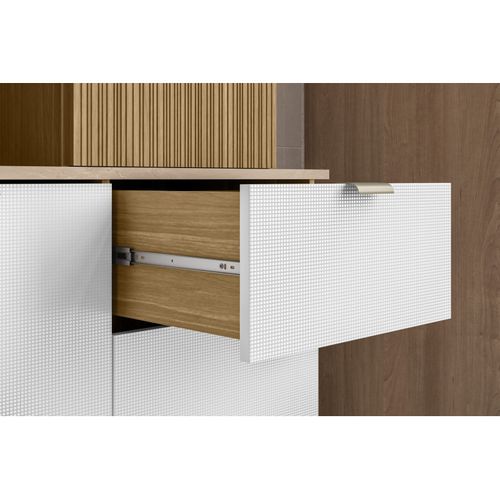 Buffet 8 Portes 1 Tiroir 18 Niches Chêne Et Blanc Gaufré L 161 H 200 P 38.8 Cm