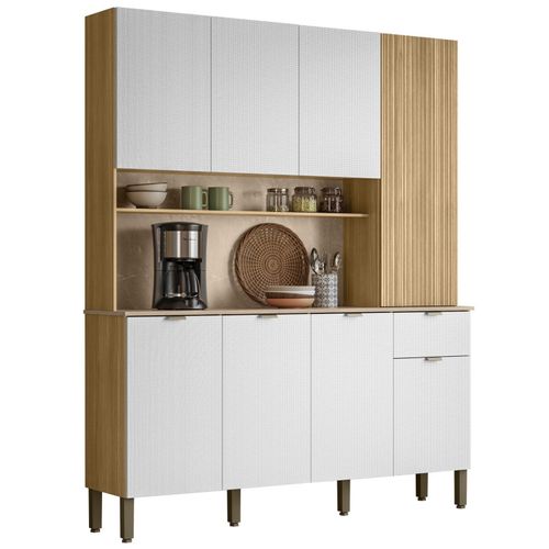 Buffet 8 Portes 1 Tiroir 18 Niches Chêne Et Blanc Gaufré L 161 H 200 P 38.8 Cm