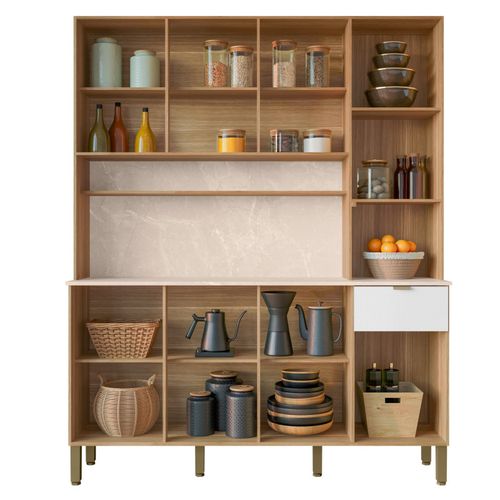 Buffet 8 Portes 1 Tiroir 18 Niches Chêne Et Blanc Gaufré L 161 H 200 P 38.8 Cm