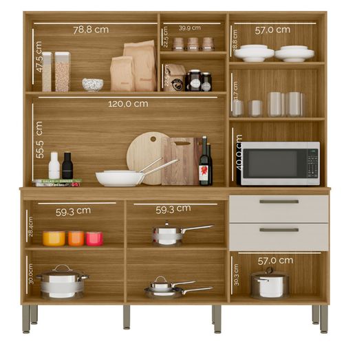 Buffet 7 Portes 2 Tiroirs 12 Niches Chêne Et Blanc Ecru Gaufré L 182 H 191 P 53.3 Cm