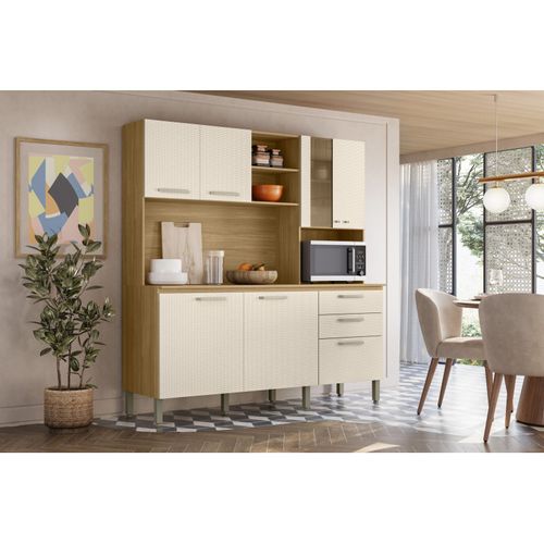 Buffet 7 Portes 2 Tiroirs 12 Niches Chêne Et Blanc Ecru Gaufré L 182 H 191 P 53.3 Cm