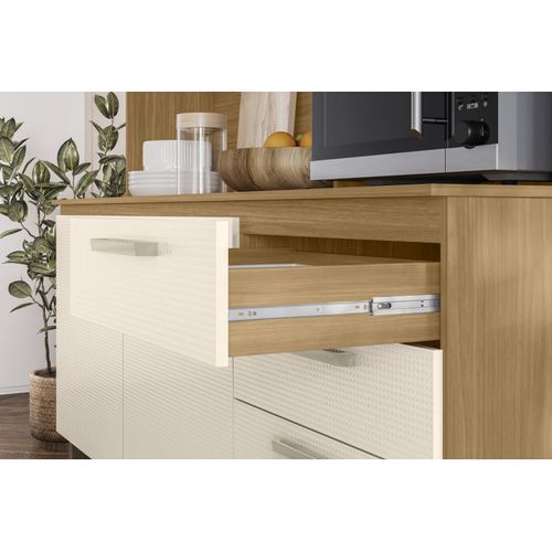 Buffet 7 Portes 2 Tiroirs 12 Niches Chêne Et Blanc Ecru Gaufré L 182 H 191 P 53.3 Cm