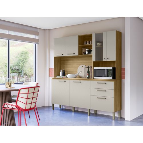 Buffet 7 Portes 2 Tiroirs 12 Niches Chêne Et Blanc Ecru Gaufré L 182 H 191 P 53.3 Cm