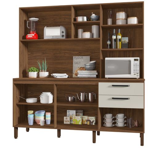 Grand Buffet 7 Portes 2 Tiroirs 12 Niches Noyer Et Blanc Ecru L 182 H 191 P 53.3 Cm