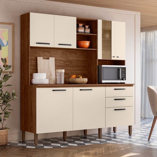 Grand Buffet 7 Portes 2 Tiroirs 12 Niches Noyer Et Blanc Ecru L 182 H 191 P 53.3 Cm