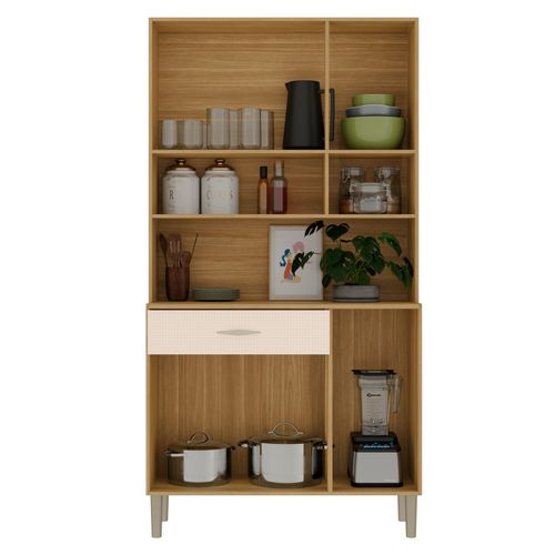 Buffet 6 Portes 1 Tiroir 7 Niches Chêne Et Blanc Ecru Gaufré L 90 H 173.5 P 36.3 Cm