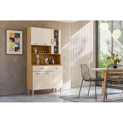 Buffet 6 Portes 1 Tiroir 7 Niches Chêne Et Blanc Ecru Gaufré L 90 H 173.5 P 36.3 Cm