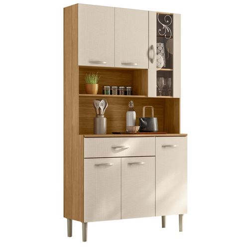 Buffet 6 Portes 1 Tiroir 7 Niches Chêne Et Blanc Ecru Gaufré L 90 H 173.5 P 36.3 Cm