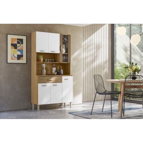 Buffet 6 Portes 1 Tiroir 7 Niches Chêne Et Blanc Ecru L 90 H 173.5 P 36.3 Cm
