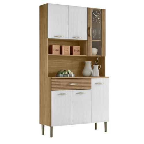 Buffet 6 Portes 1 Tiroir 7 Niches Chêne Et Blanc Ecru L 90 H 173.5 P 36.3 Cm