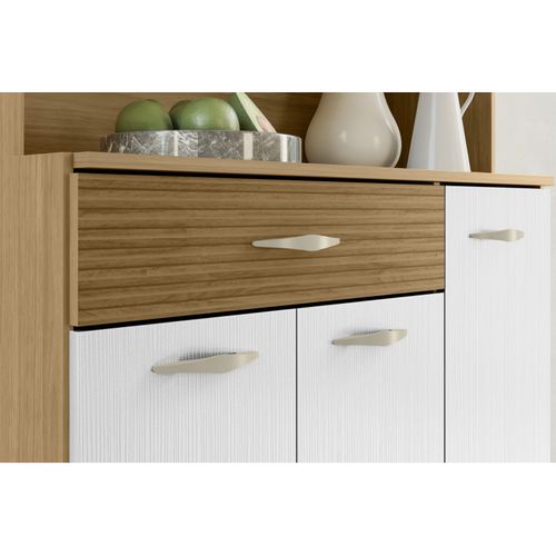 Buffet 6 Portes 1 Tiroir 7 Niches Chêne Et Blanc Ecru L 90 H 173.5 P 36.3 Cm