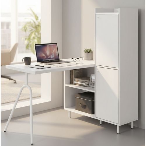 Bureau Pied Métallique Arc Et Armoire Blancs L 89.8 H 141.5 P 120 Cm