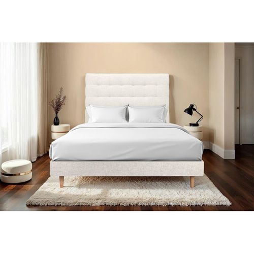 Lit 160x200cm Avec Tête De Lit Capitonnée Tissu Et Sommier Kit Beige Clair