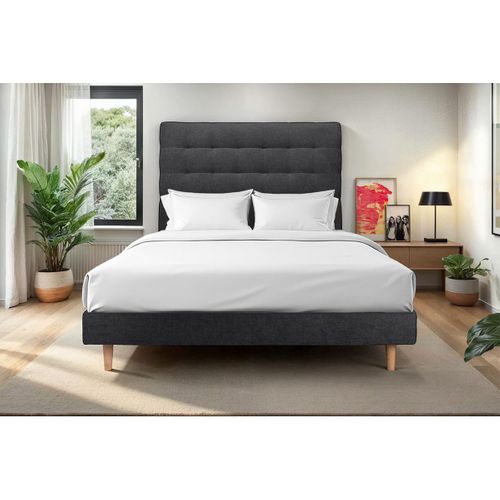 Lit 200x200cm Avec Tête De Lit Capitonnée Tissu Et Sommier Kit Noir