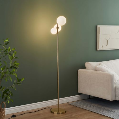 Lampadaire Doré Trois Boules De Verre Blanc 150 Cm - Melinda