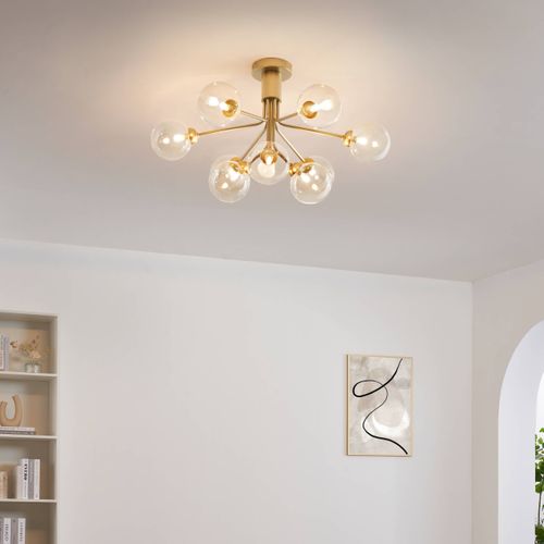 Grand Lustre Élégant Doré 9 Boules Transparentes - Audrey