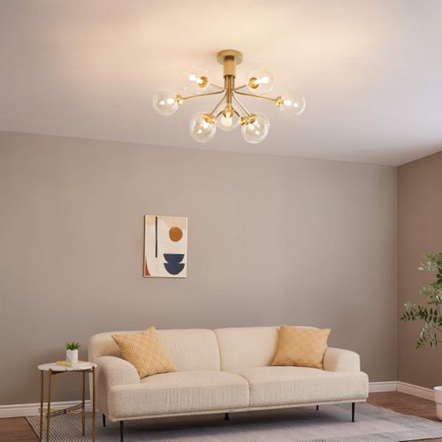 Grand Lustre Élégant Doré 9 Boules Transparentes - Audrey