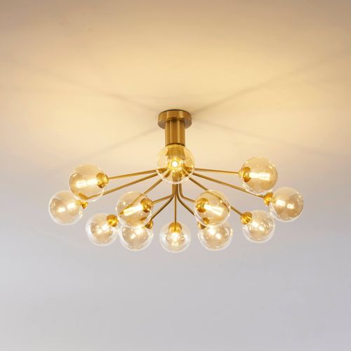 Grand Lustre Élégant Laiton 12 Boules Ambrées - Audrey