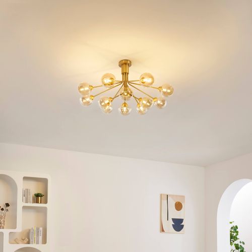 Grand Lustre Élégant Laiton 12 Boules Ambrées - Audrey