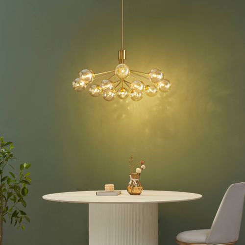 Grand Lustre Élégant Laiton 12 Boules Ambrées - Audrey