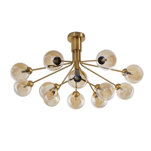 Grand Lustre Élégant Laiton 12 Boules Ambrées - Audrey