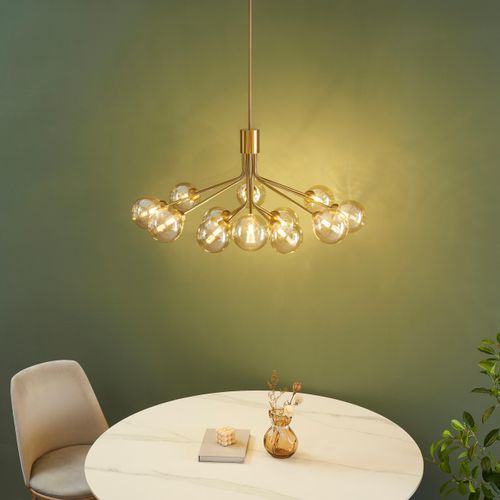 Grand Lustre Élégant Laiton 12 Boules Ambrées - Audrey