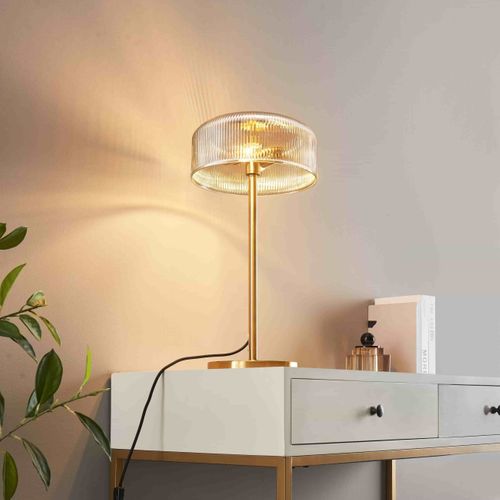 Lampe à Poser Vintage Laiton Et Verre Ambré Strié - Auréline