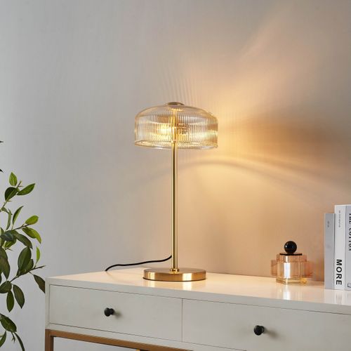 Lampe à Poser Vintage Laiton Et Verre Ambré Strié - Auréline