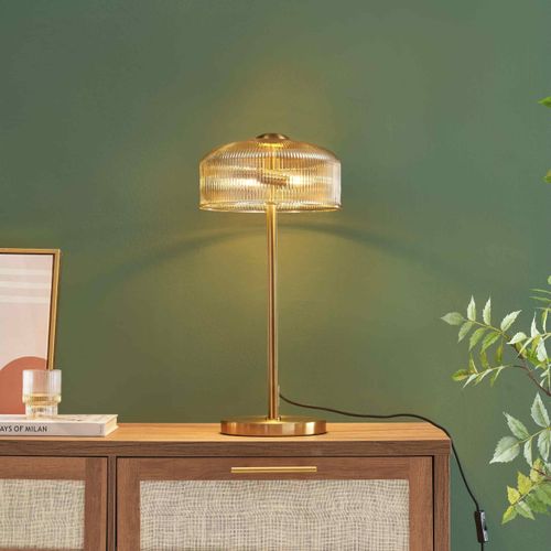 Lampe à Poser Vintage Laiton Et Verre Ambré Strié - Auréline