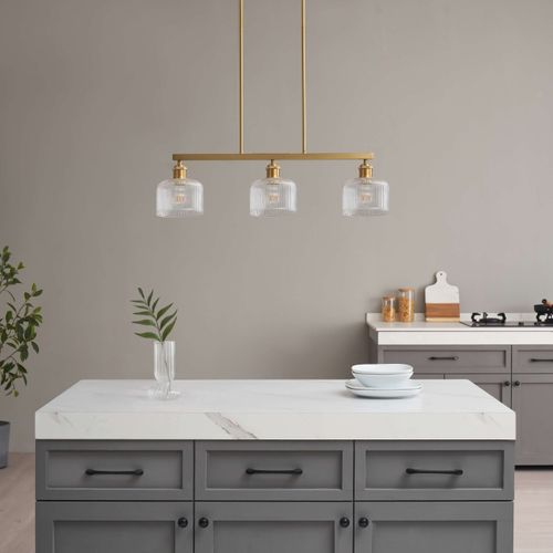 Suspension Vintage Laiton Trois Verres Transparents Striés - Auréline