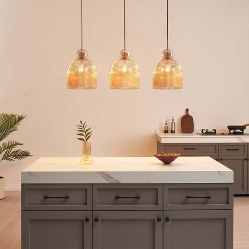 Suspension Moderne Avec Verre Nervuré Ambré Et Boule Dorée  - Ysolde