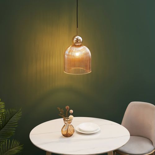 Suspension Moderne Avec Verre Nervuré Ambré Et Boule Dorée  - Ysolde