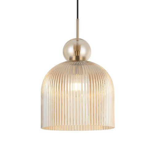 Suspension Moderne Avec Verre Nervuré Ambré Et Boule Dorée  - Ysolde