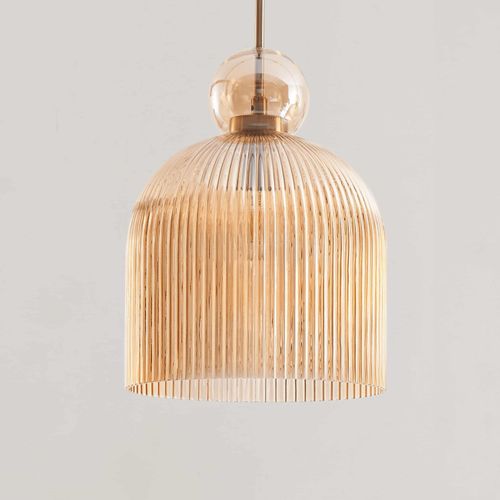 Suspension Moderne Avec Verre Nervuré Ambré Et Boule Dorée  - Ysolde