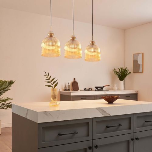 Suspension Moderne Avec Verre Nervuré Ambré Et Boule Dorée  - Ysolde