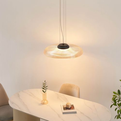 Suspension LED Moderne Verre Texturé Ambré Et Base Noire - Ossara