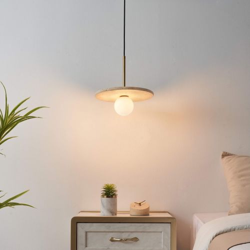 Suspension Élégante Travertin Et Boule En Verre Opalin - Silvia