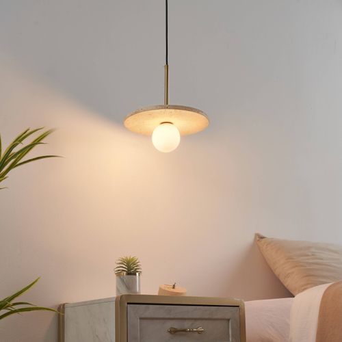 Suspension Élégante Travertin Et Boule En Verre Opalin - Silvia