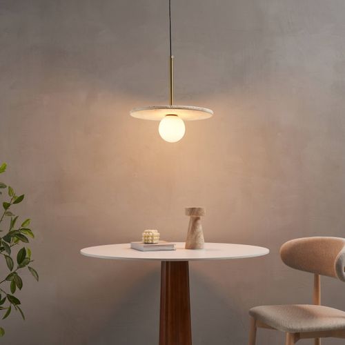 Suspension Élégante Travertin Et Boule En Verre Opalin - Silvia