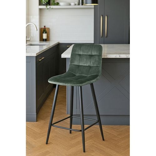 Lot 2 Chaises De Bar Avec Assise H.75 Cm En Velours Vert - Nami 2