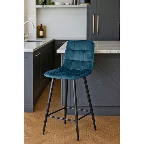 Lot 2 Chaises De Bar Avec Assise H.75 Cm En Velours Bleu - Nami 2