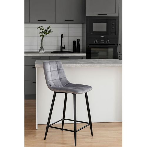 Lot 2 Chaises De Bar Assise H.75 Cm En Velours Gris Clair - Nami 2
