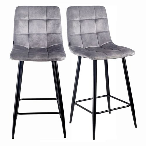 Lot 2 Chaises De Bar Assise H.75 Cm En Velours Gris Clair - Nami 2